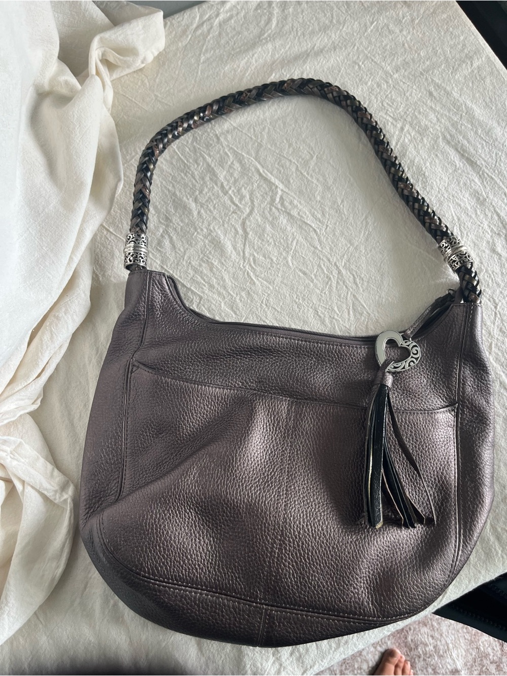 Brighton Dark Grey Pebbled Leather Shoulder Bag with Braided Strap